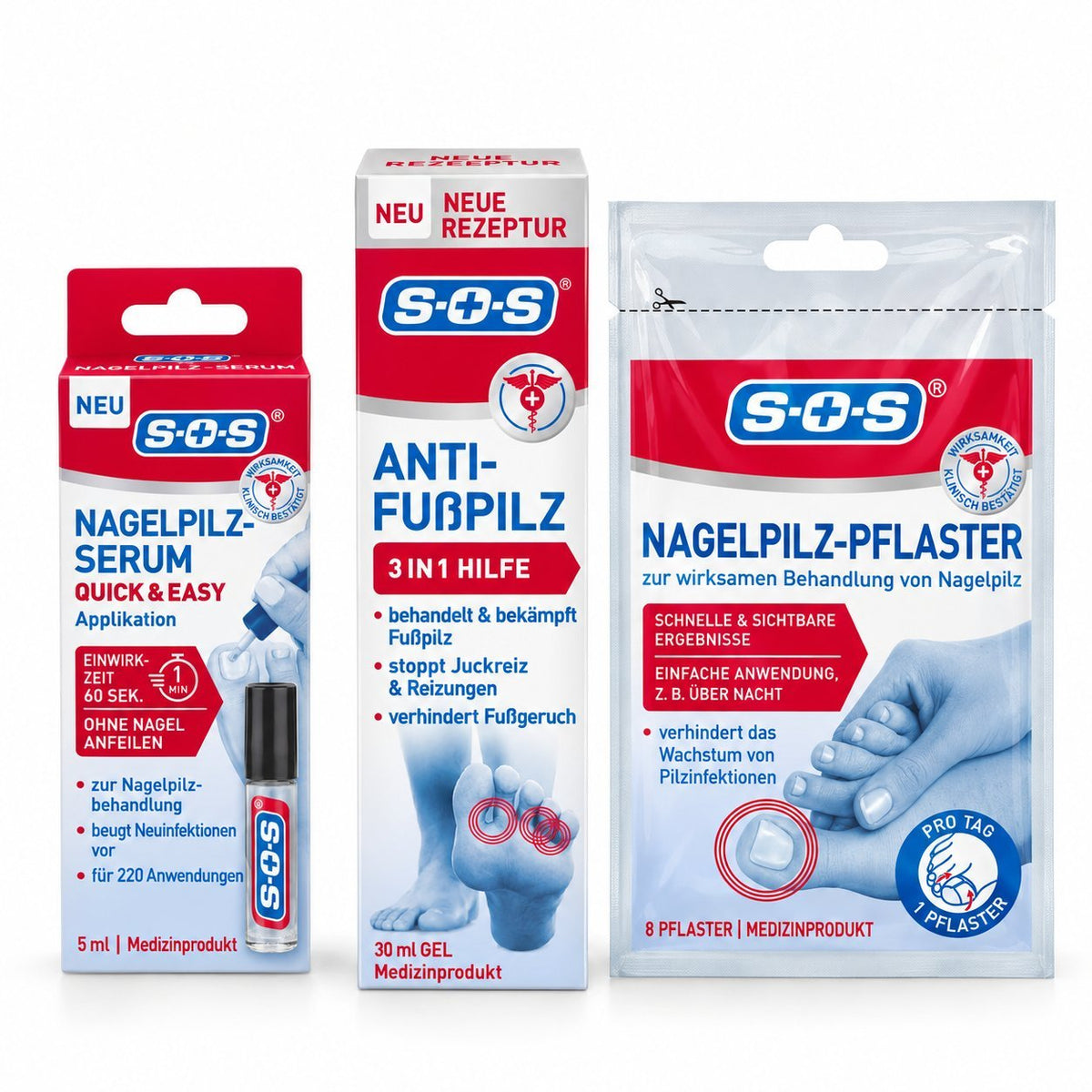Nagelpilz-Set von S-O-S: Serum, Anti-Fußpilz Gel und Nagelpilz-Pflaster im Karton