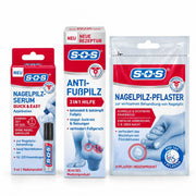 Nagelpilz-Set von S-O-S: Serum, Anti-Fußpilz Gel und Nagelpilz-Pflaster im Karton