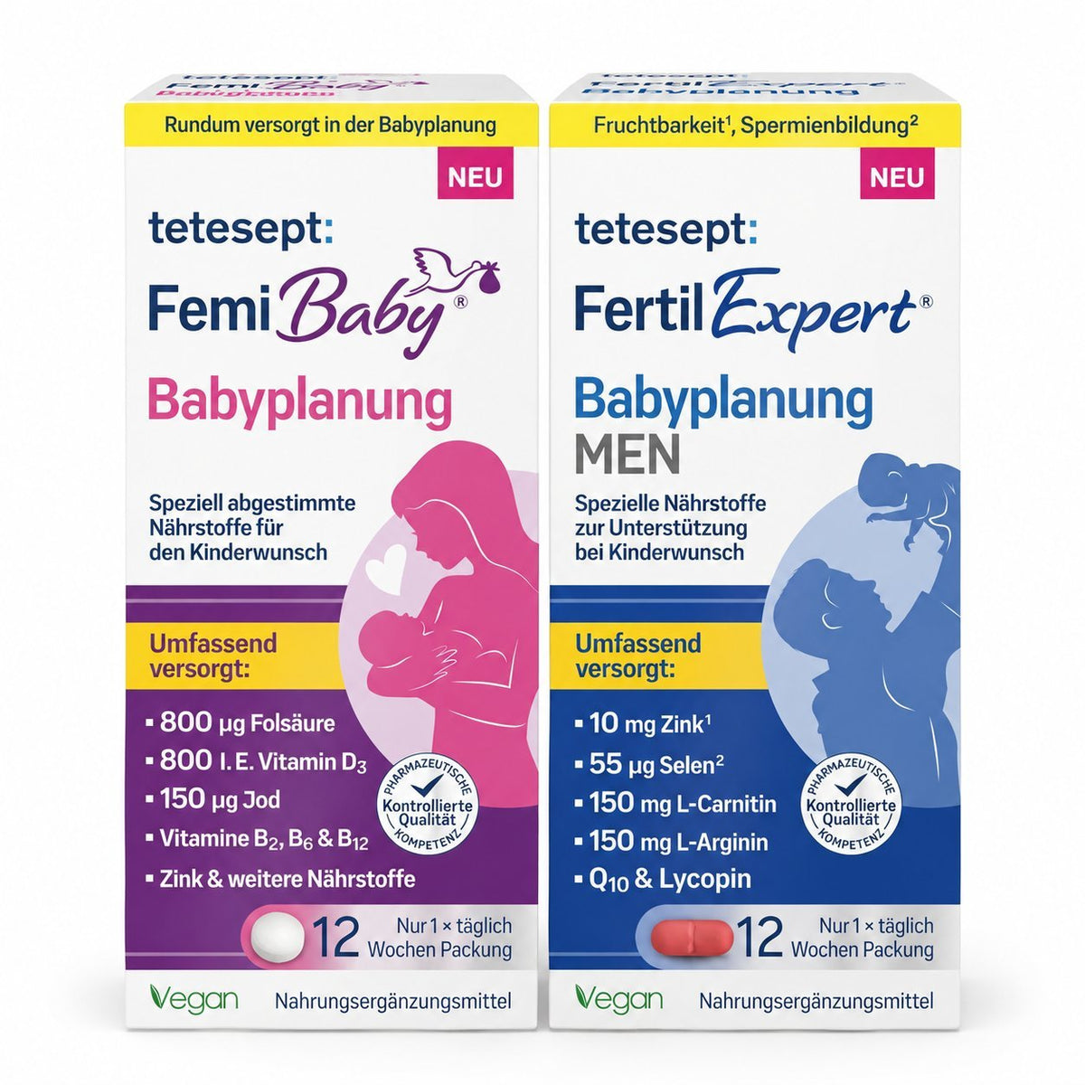 Kinderwunsch-Set tetesept mit zwei Kapselpackungen: FemiBaby und FertilExpert MEN, je 12 Wochen