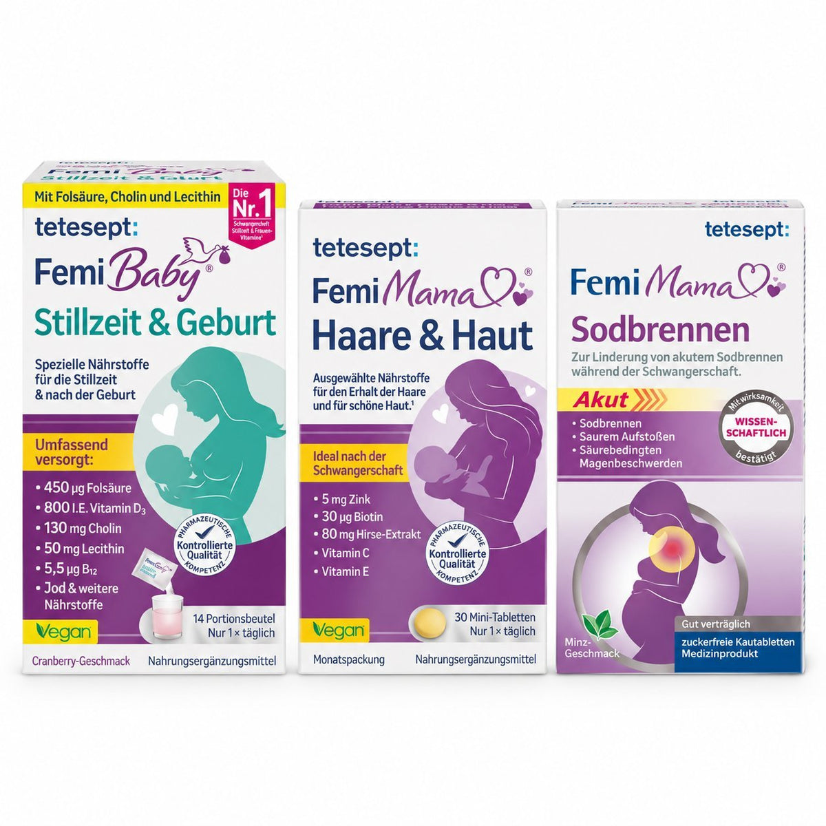 tetesept Schwangerschafts- & Stillzeit-Bundle: FemiBaby, FemiMama Haare & Haut, Sodbrennen