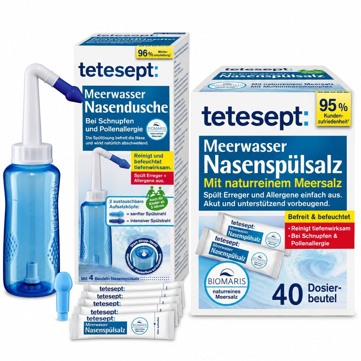 tetesept Meerwasser Nasendusche mit Nasenspülsalz: Sprühflasche, Aufsätze und Beutel