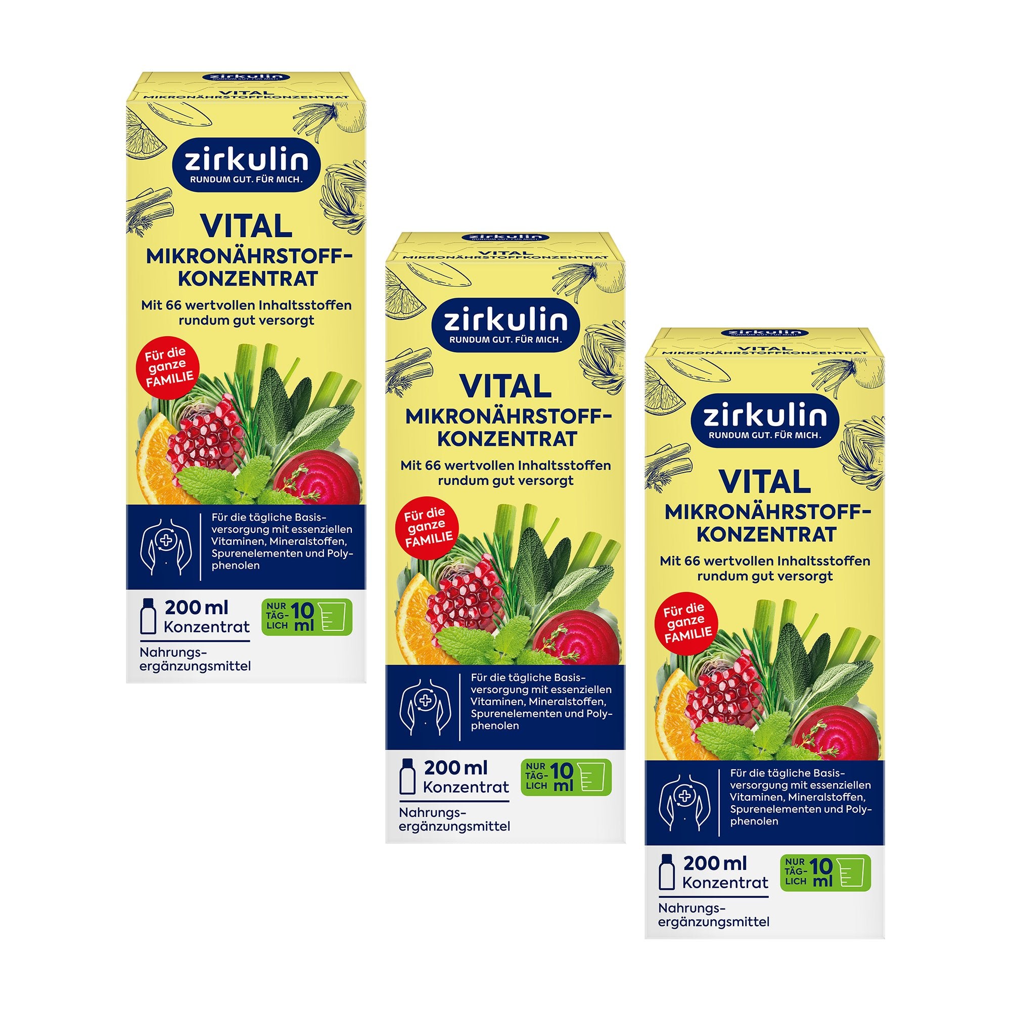 Drei Flaschen Zirkulin Vital Mikronährstoffkonzentrat in unterschiedlichen Größen auf weißem Hintergrund.