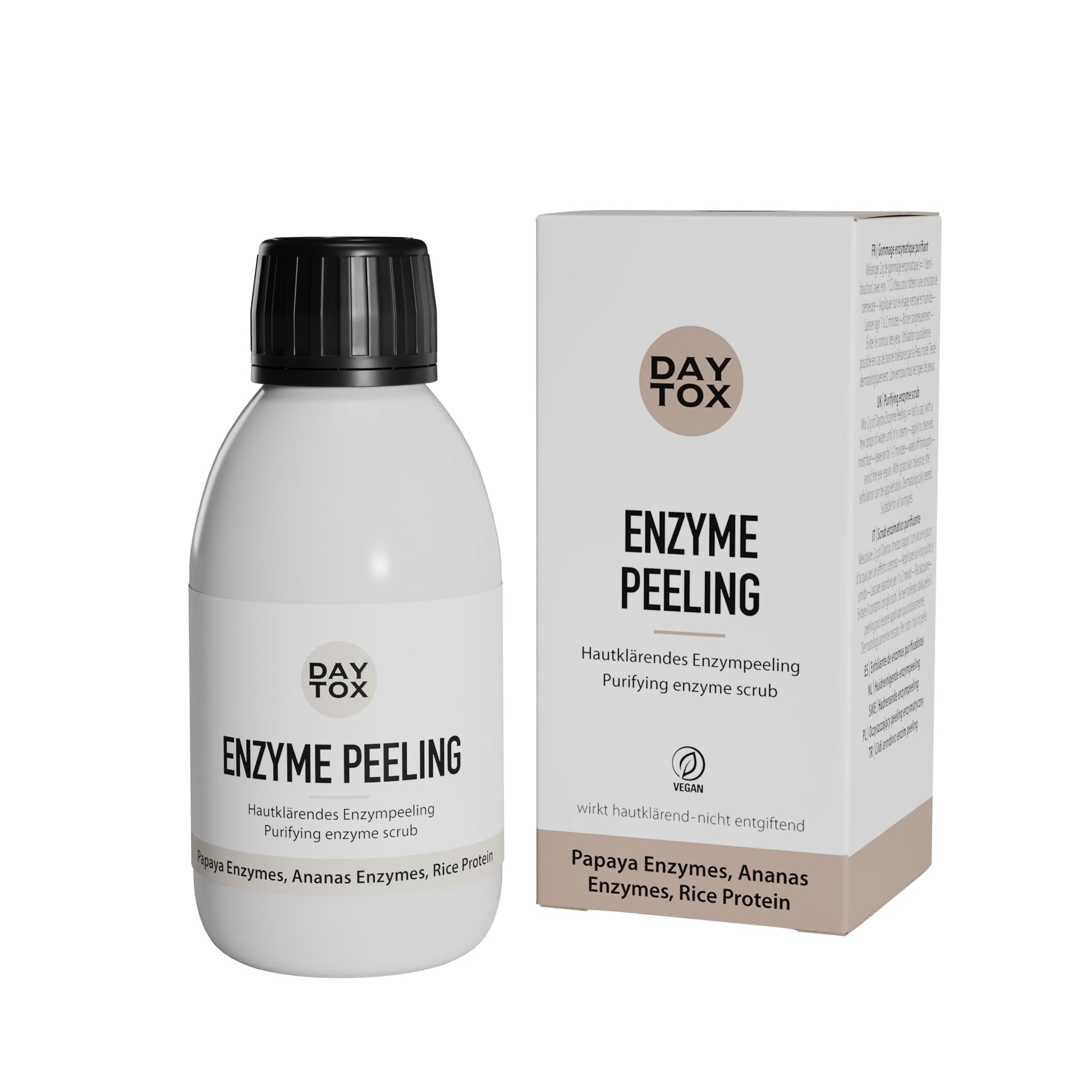Weiße Flasche mit schwarzem Deckel und weiße Produktverpackung des Daytox Enzyme Peeling nebeneinander.