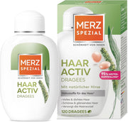 Merz Spezial Haar-Activ Dragees Flasche und Verpackung mit Hirse-Motiv und 95% Weiterempfehlung.