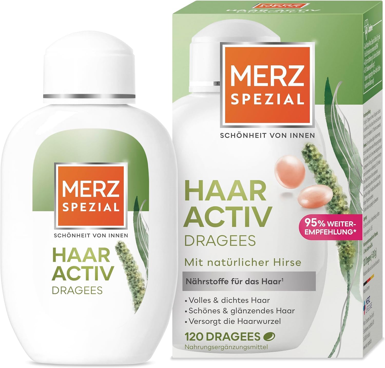 Merz Spezial Haar-Activ Dragees Flasche und Verpackung mit Hirse-Motiv und 95% Weiterempfehlung.