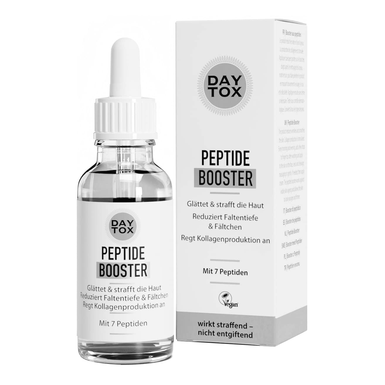 DAYTOX Peptide Booster Flasche mit Pipette und Umverpackung. Vorderseite mit Produktnamen und Eigenschaften.