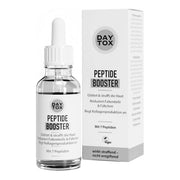 DAYTOX Peptide Booster Flasche mit Pipette und Umverpackung. Vorderseite mit Produktnamen und Eigenschaften.