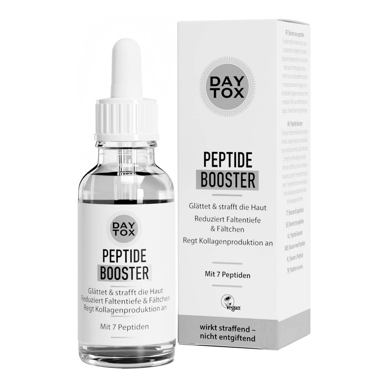 DAYTOX Peptide Booster Flasche mit Pipette und Umverpackung. Vorderseite mit Produktnamen und Eigenschaften.