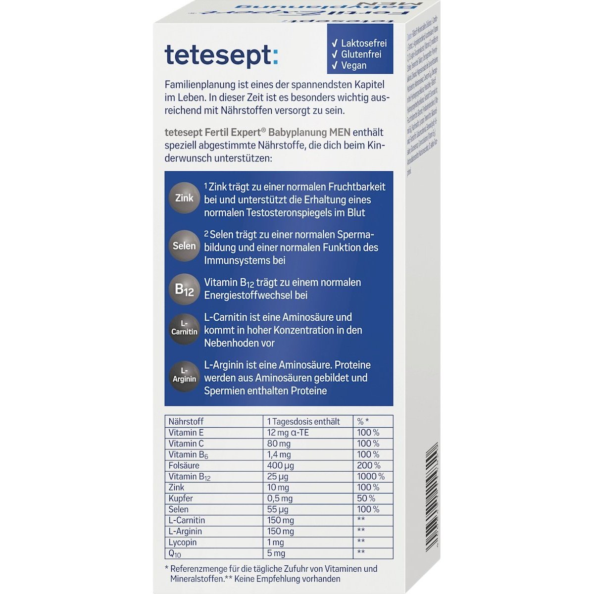 Seitenansicht der tetesept Fertil Expert Babyplanung MEN Verpackung mit Erklärungen zu Inhaltsstoffen und Nährwerttabelle.