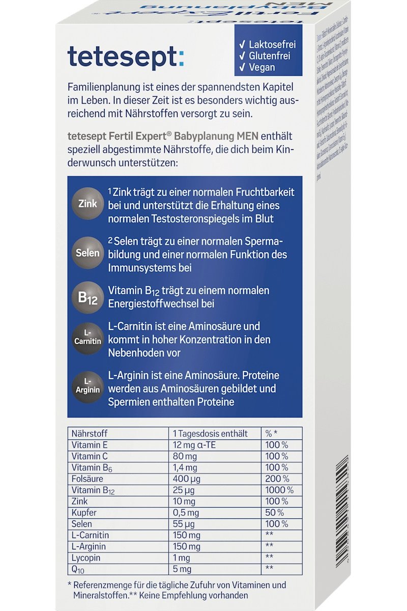 Seitenansicht der tetesept Fertil Expert Babyplanung MEN Verpackung mit Erklärungen zu Inhaltsstoffen und Nährwerttabelle.