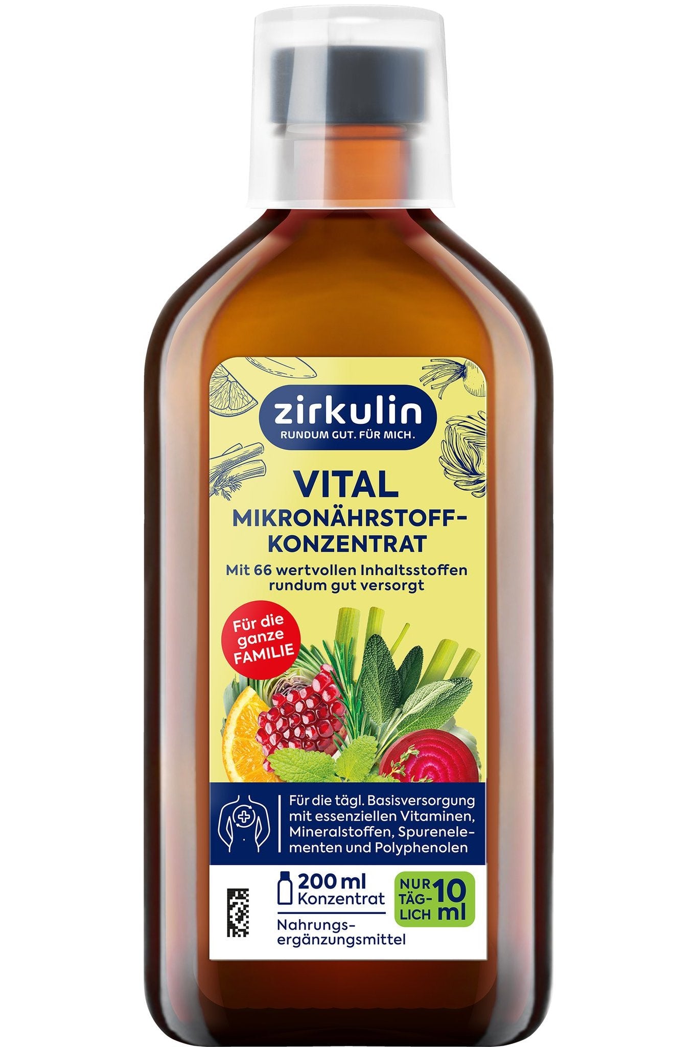 Nahaufnahme einer braunen Flasche Zirkulin Vital Mikronährstoffkonzentrat mit gelbem Etikett und Fruchtillustration.