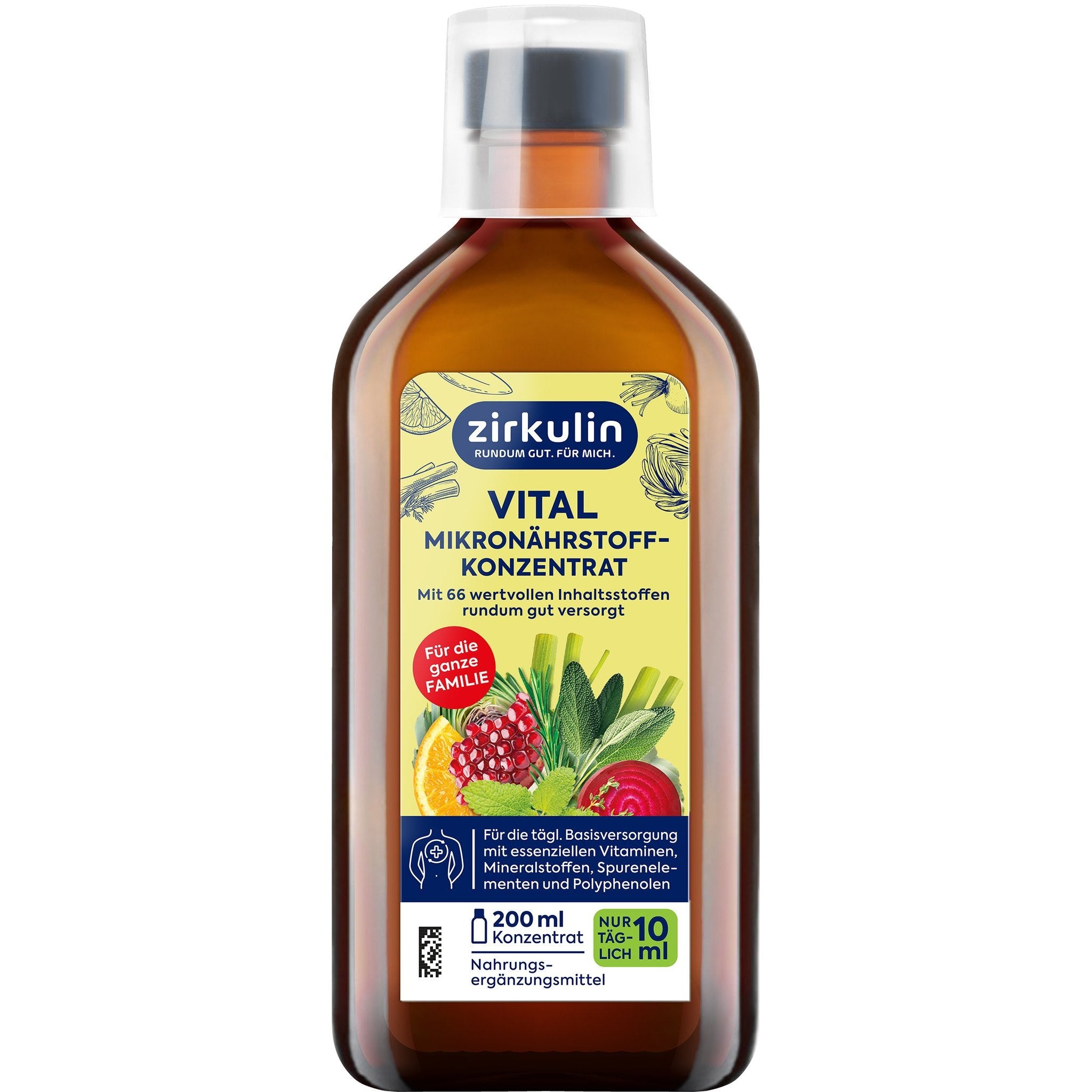 Nahaufnahme einer braunen Flasche Zirkulin Vital Mikronährstoffkonzentrat mit gelbem Etikett und Fruchtillustration.