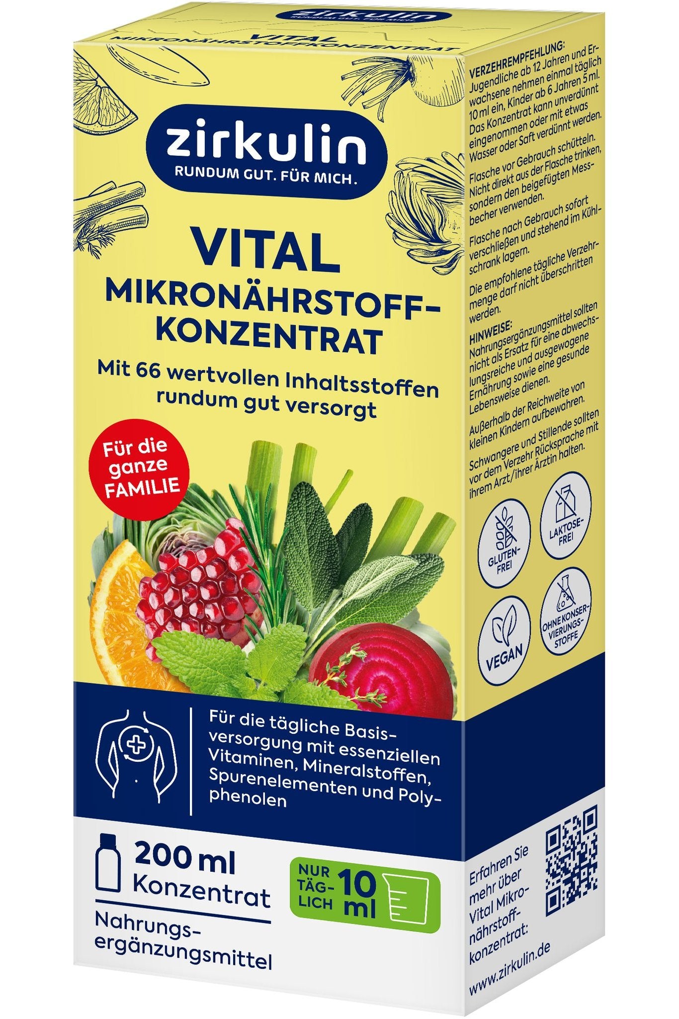 Vorderseite der Produktverpackung Zirkulin Vital Mikronährstoffkonzentrat mit Etikett, Verzehrempfehlung und Symbolen.